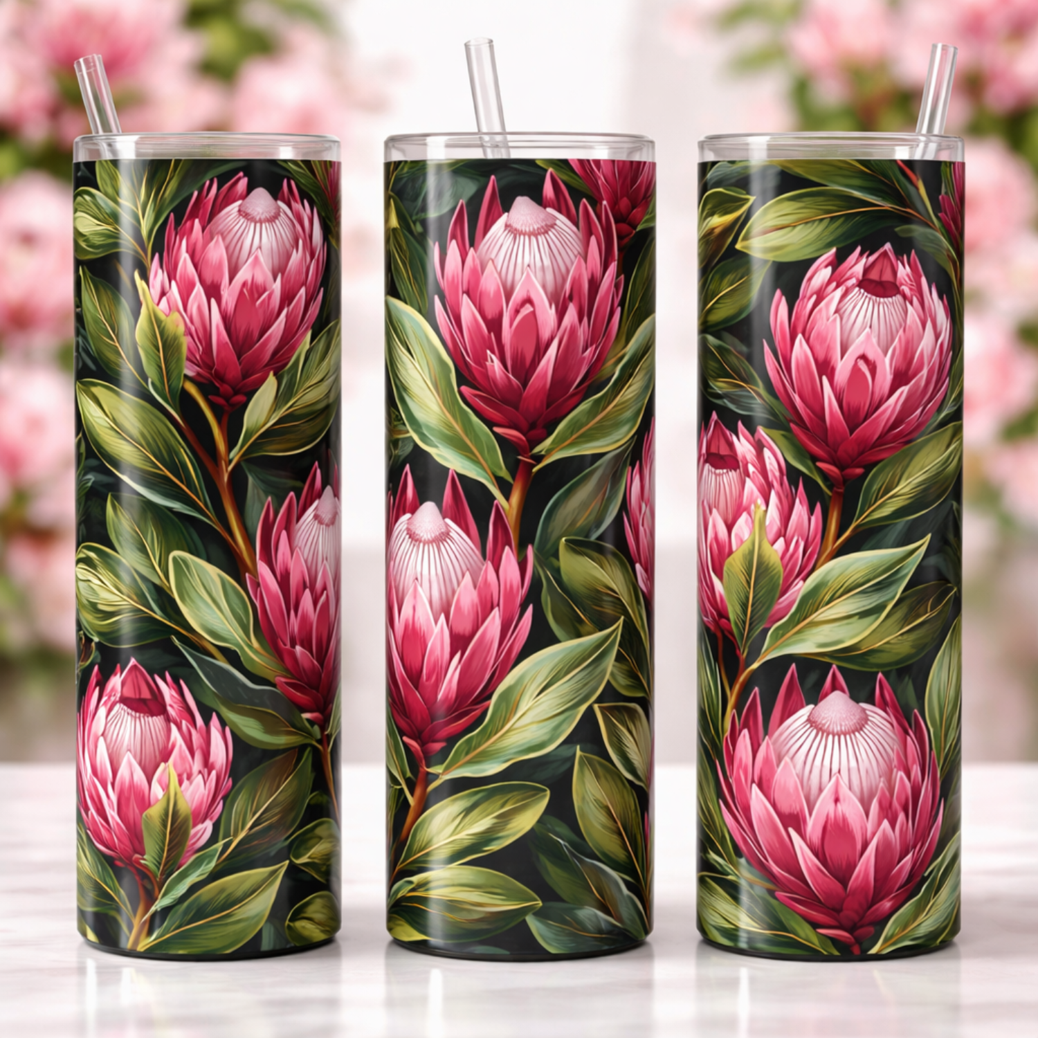 Bold Protea Floral Wrap 20oz Skinny Tumbler