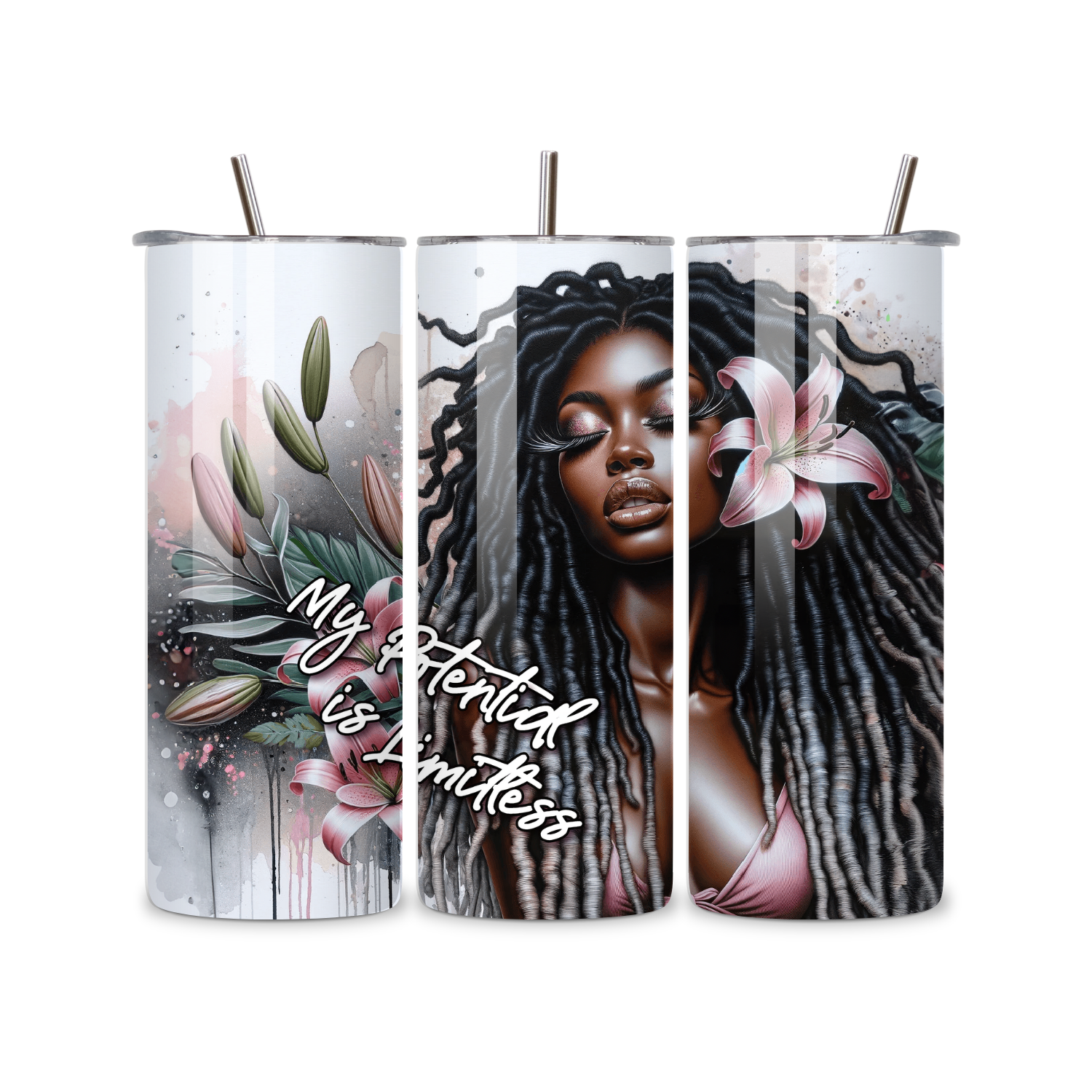 “My Potential Is Limitless” Floral Dreadlock Beauty 20oz Skinny Tumbler
