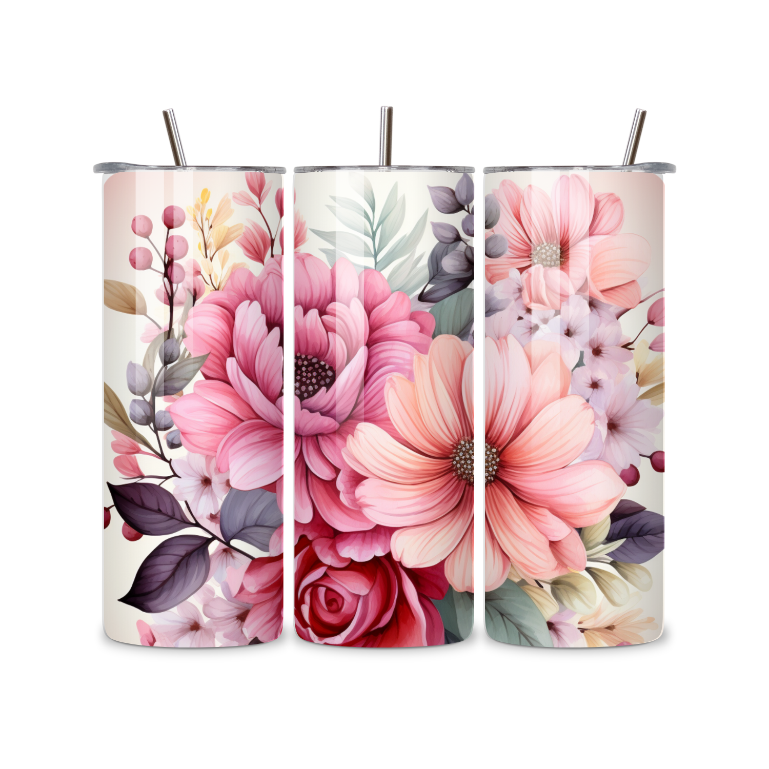 Blush Pink Floral 20oz Skinny Tumbler – Soft Peony & Rose Botanical