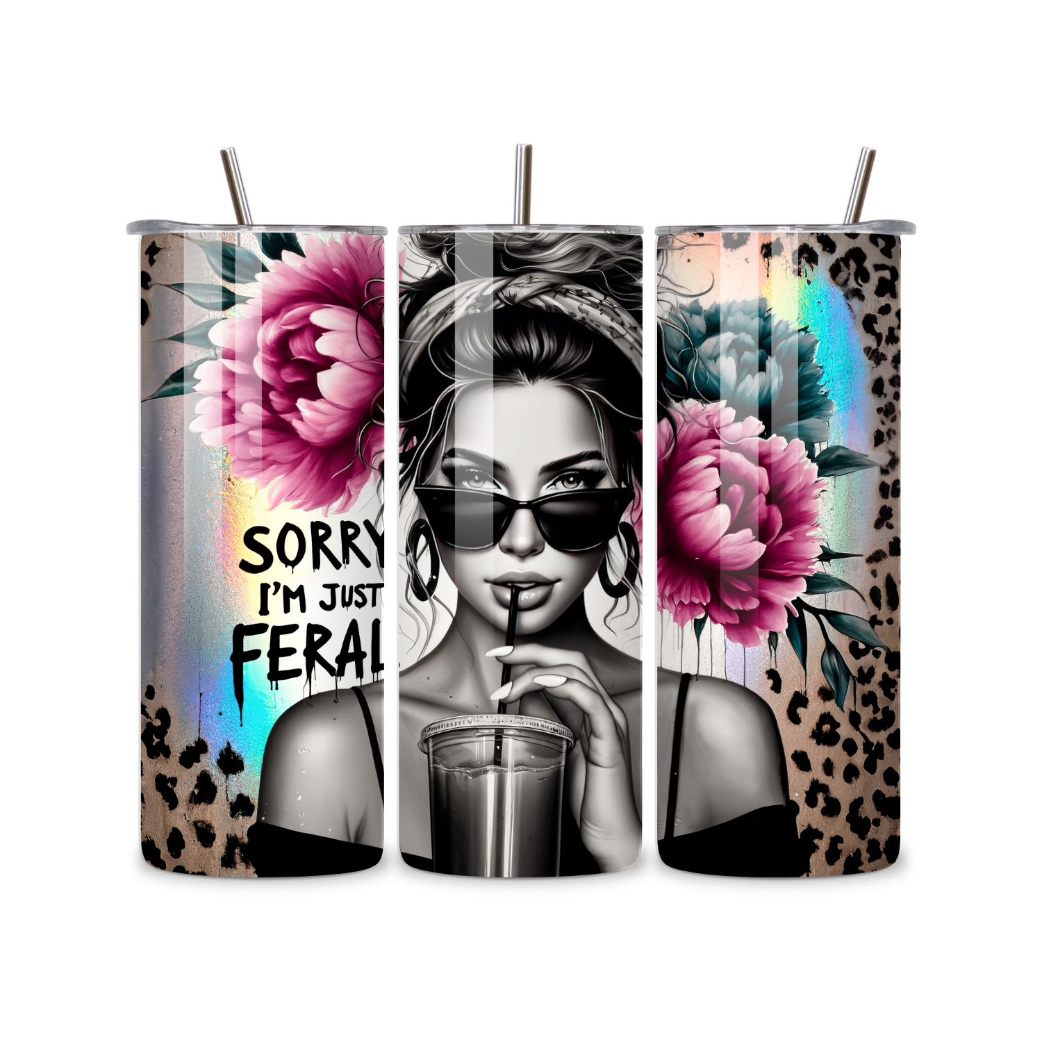 Sorry I’m Just Feral 20oz Skinny Tumbler – Leopard Print, Pink Peonies & Edgy Glam