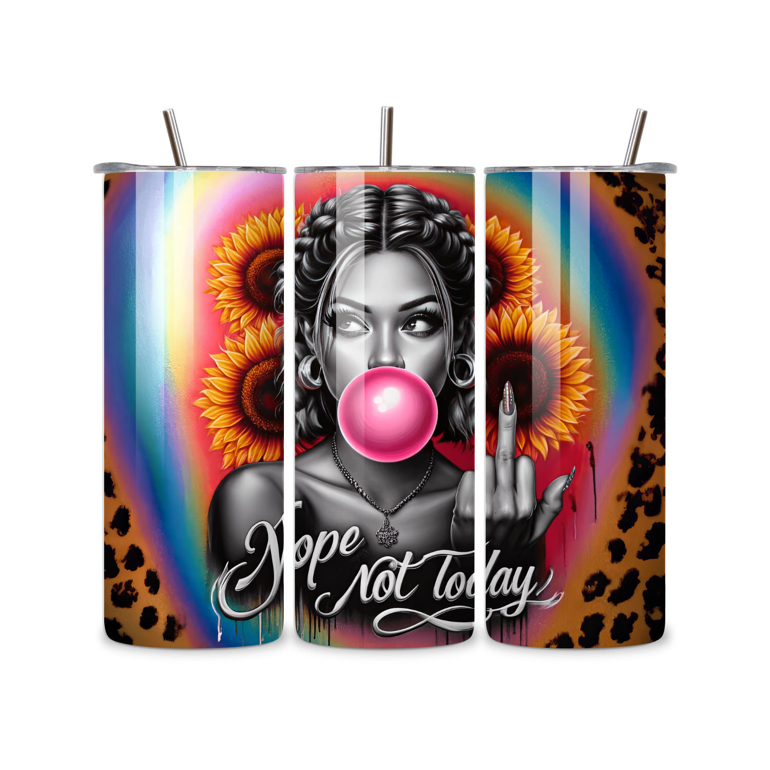 Nope Not Today 20oz Skinny Tumbler – Sunflower, Rainbow & Leopard Print Sassy