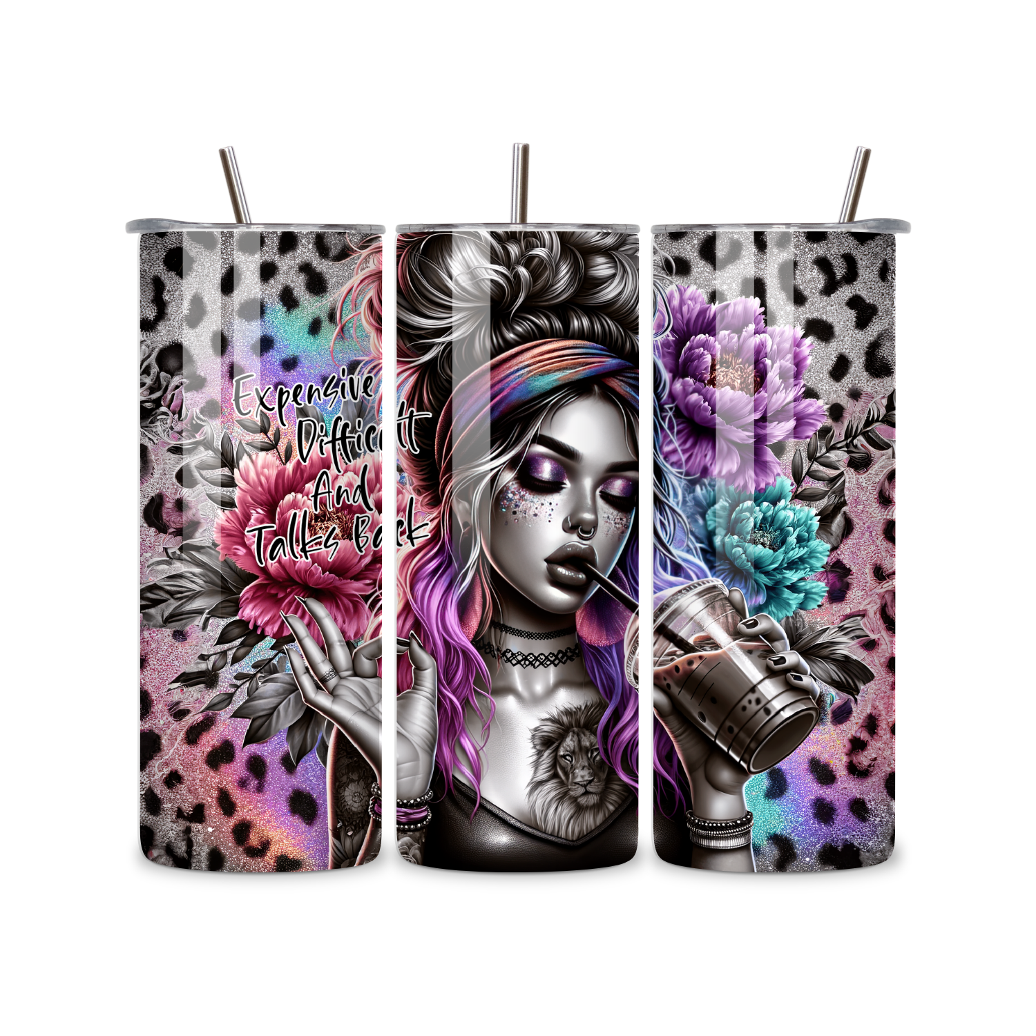 Expensive, Difficult & Talks Back 20oz Skinny Tumbler – Leopard Print, Neon Glam & Attitude