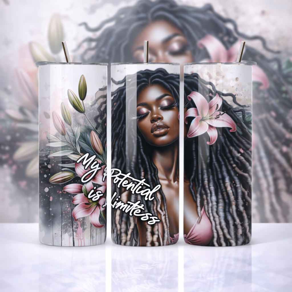 “My Potential Is Limitless” Floral Dreadlock Beauty 20oz Skinny Tumbler