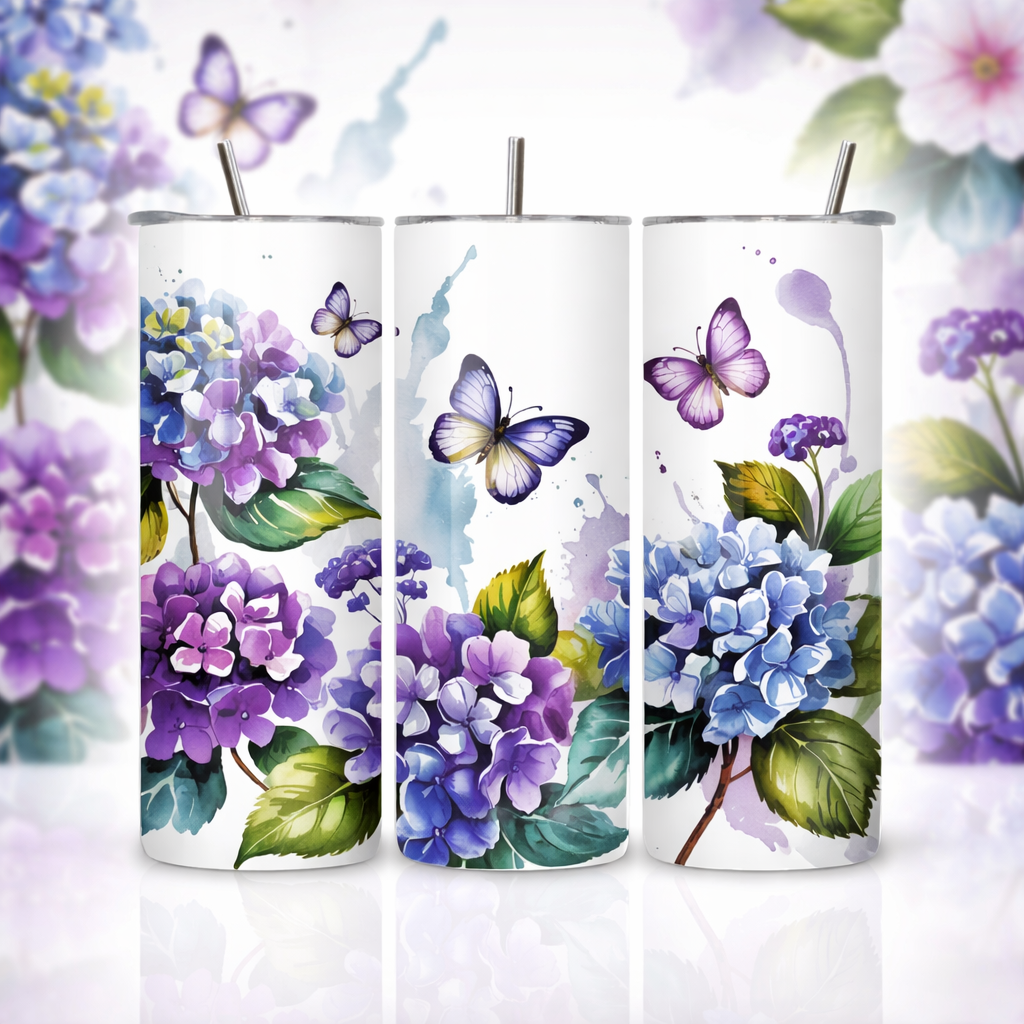 Watercolor Hydrangea & Butterfly 20oz Skinny Tumbler